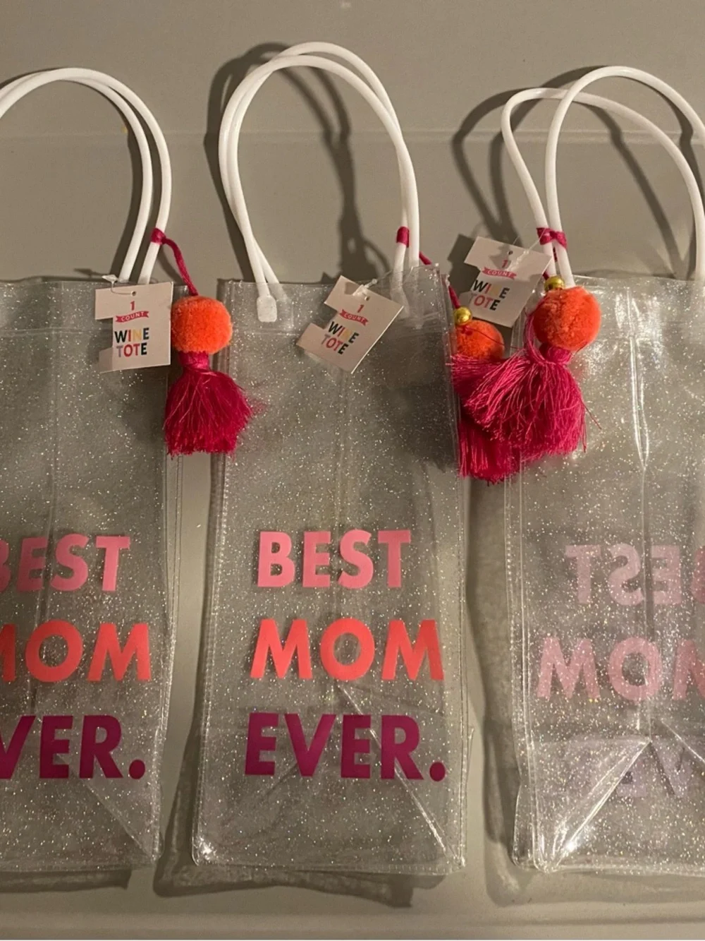 Best Mom Ever Glitter Wine Tote - Pink/Orange Accents